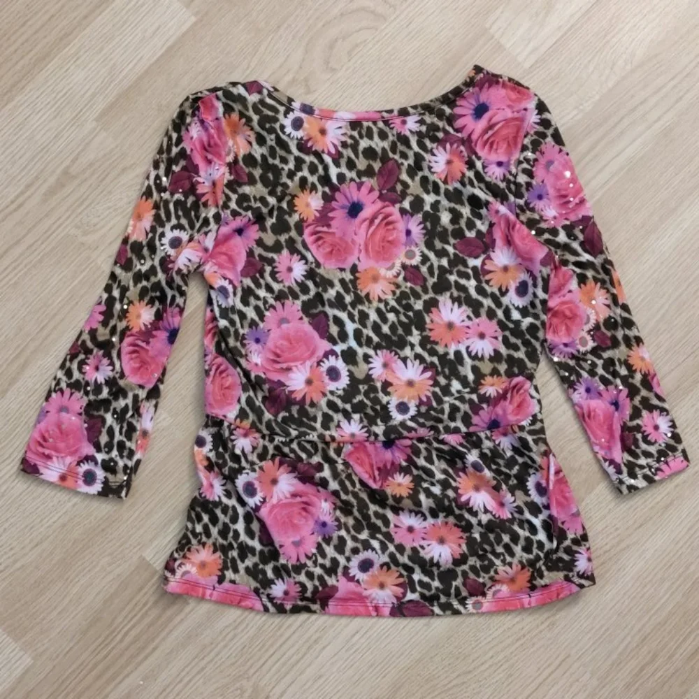 Justice Girls 12 Floral Leopard Print Sequin Long Sleeve Top Multicolor